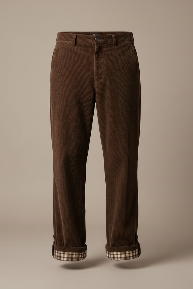 Pantalon Velours Côtelé Marron Large Doublé Plaid Homme - vue 3