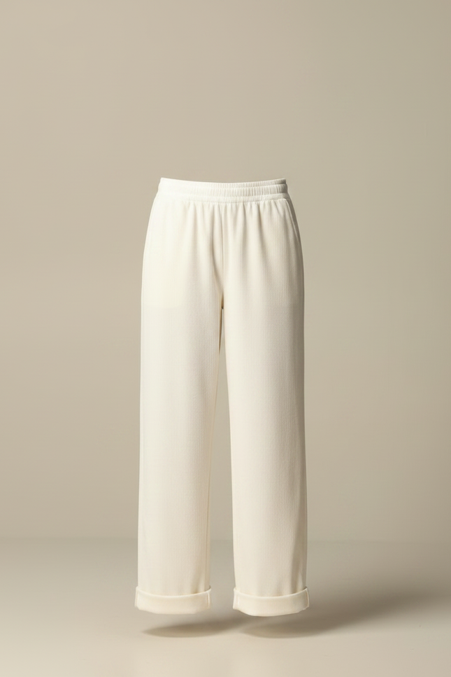Pantalon Velours Crème Côtelé Ample Décontracté Femme - Blanc Cordé - vue 3