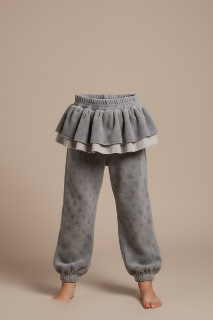 Pantalon Velours Gris Molletonné Volants Imprimé Fille - vue 3