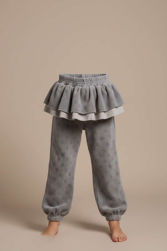 Pantalon Velours Gris Molletonné Volants Imprimé Fille - vue 3
