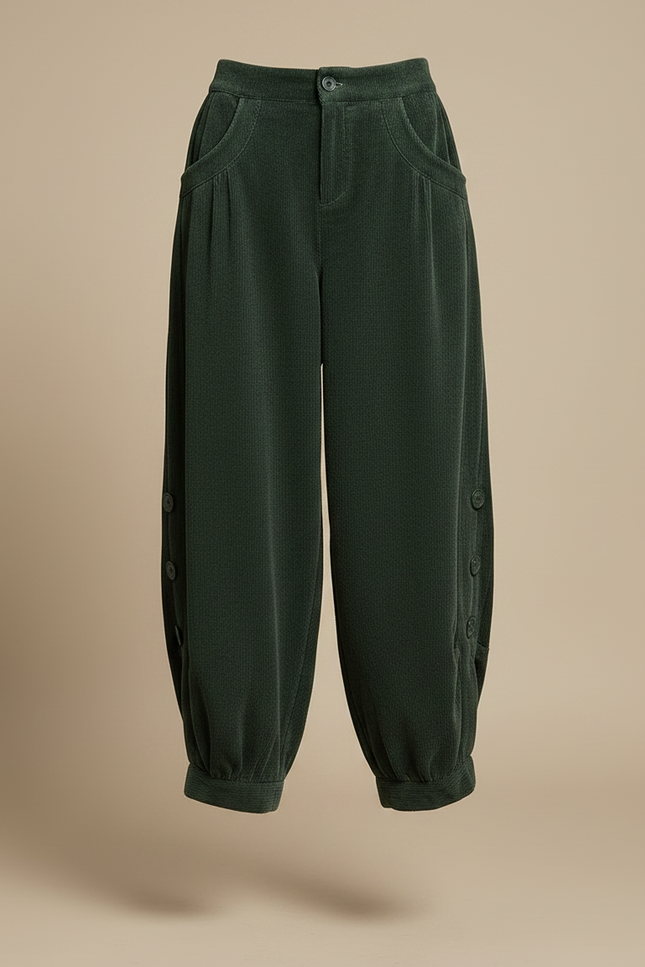Pantalon Velours Côtelé Vert Ample Harem Boutons - Cordé - vue 3