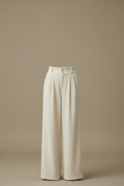 Pantalon Velours Large Crème Taille Haute Confortable - Beige Cordé - vue 3
