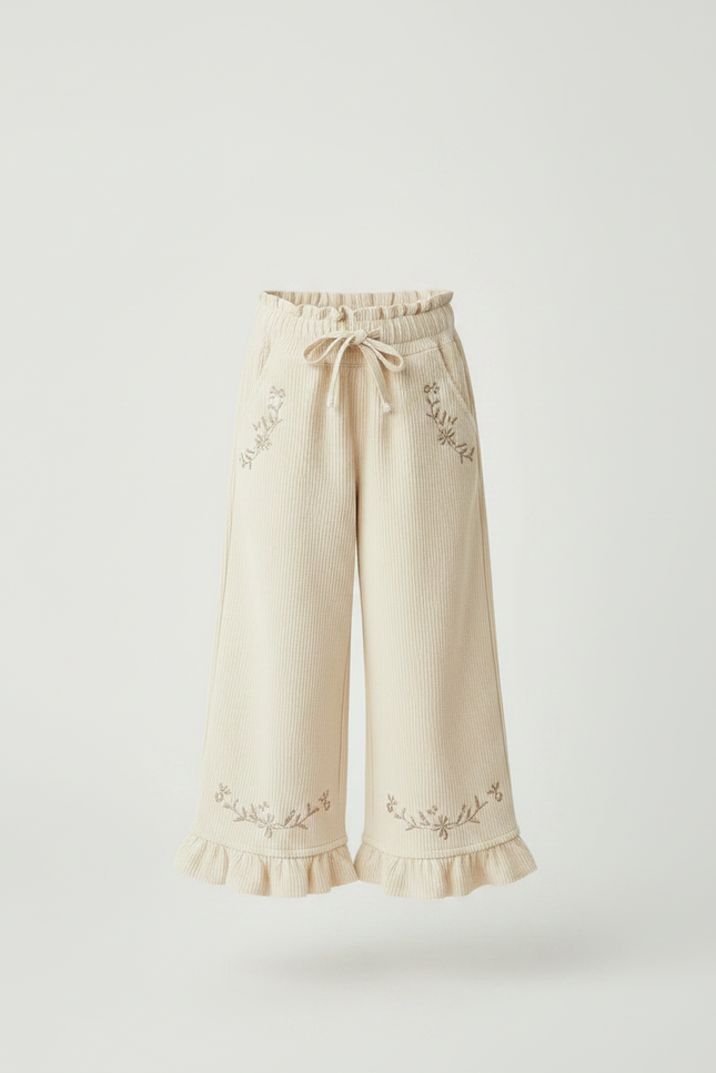 Pantalon Velours Côtelé Écru Brodé Ample Fille - Beige Cordé - vue 3