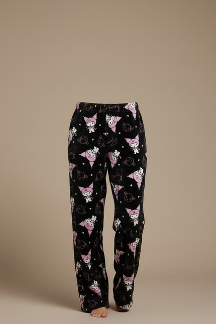 Pantalon Velours Noir Imprimé Kawaii Ample Doux Femme - vue 3