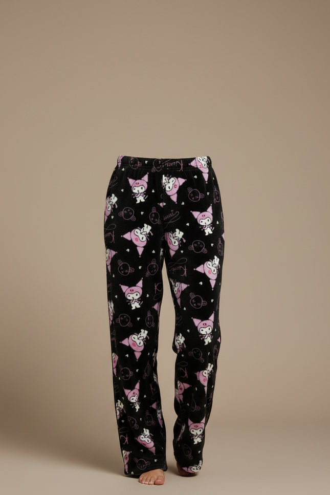 Pantalon Velours Noir Imprimé Kawaii Ample Doux Femme - vue 3
