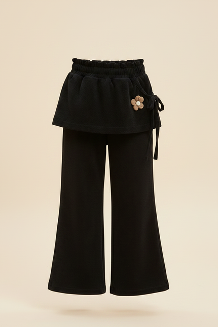 Pantalon Velours Noir Côtelé Ample Jupe Fleur Fille - Cordé - vue 3