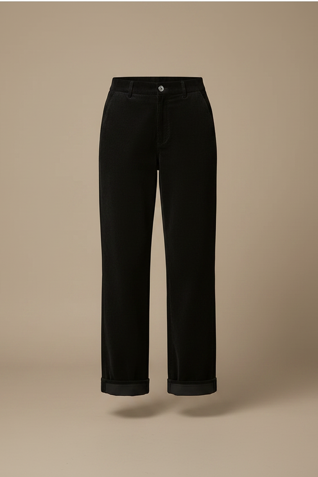 Pantalon Velours Noir Ample Taille Haute Femme - Cordé - vue 3