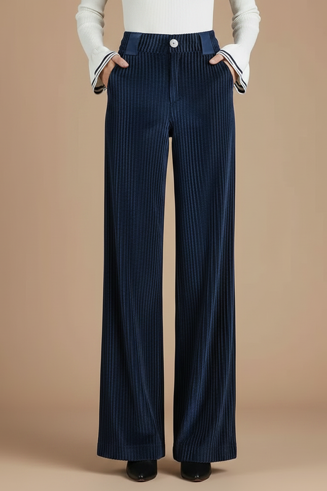 Pantalon Velours Côtelé Bleu Marine Large Femme - Cordé - vue 3