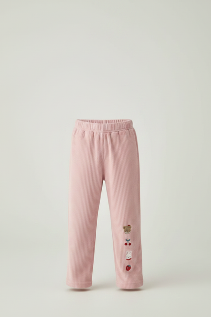 Pantalon Velours Rose Côtelé Brodé Enfant Décontracté - Cordé - vue 3