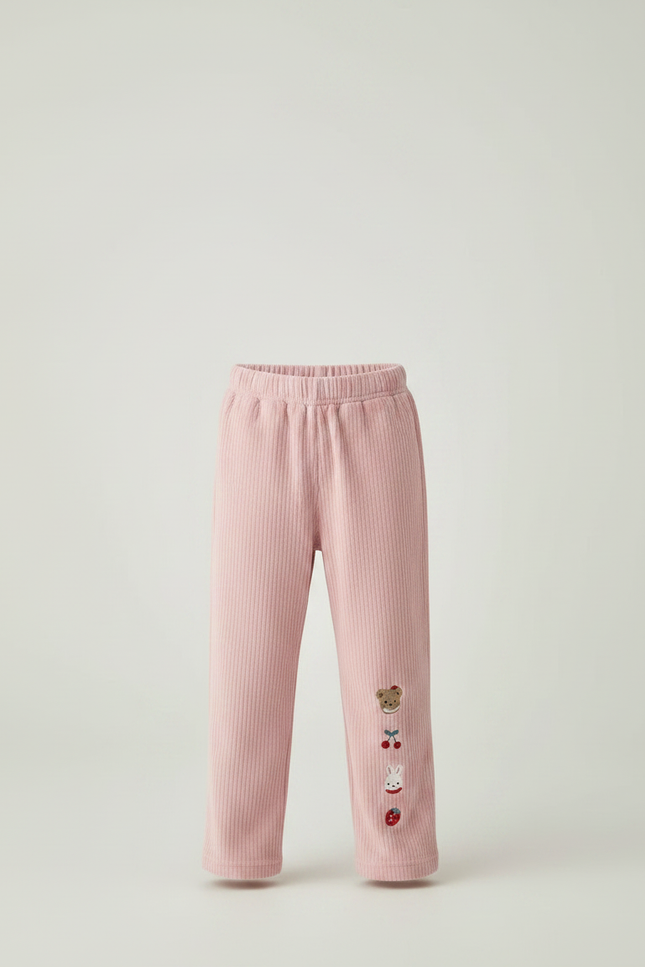 Pantalon Velours Rose Côtelé Brodé Enfant Décontracté - Cordé - vue 3