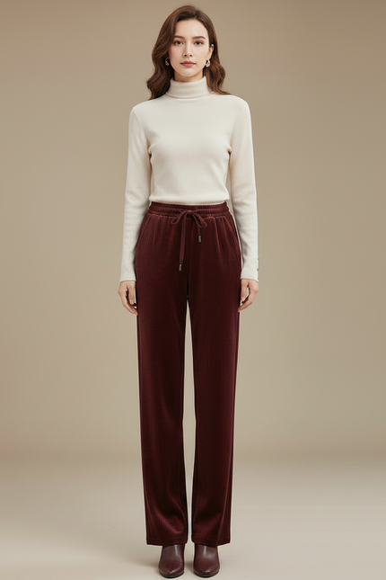 Pantalon Velours Côtelé Bordeaux Ample Taille Haute Femme - Cordé - vue 3