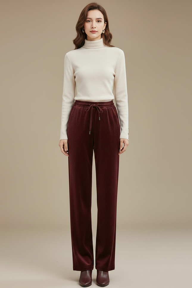 Pantalon Velours Côtelé Bordeaux Ample Taille Haute Femme - Cordé - vue 3