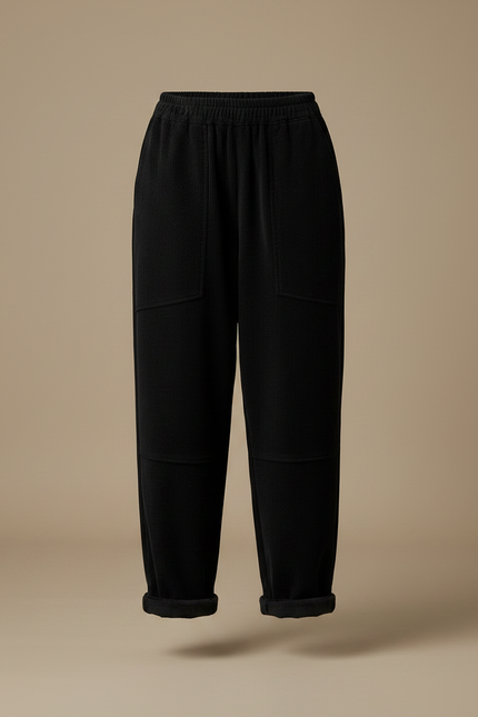 Pantalon Velours Côtelé Ample Noir Taille Élastique - Cordé - vue 3