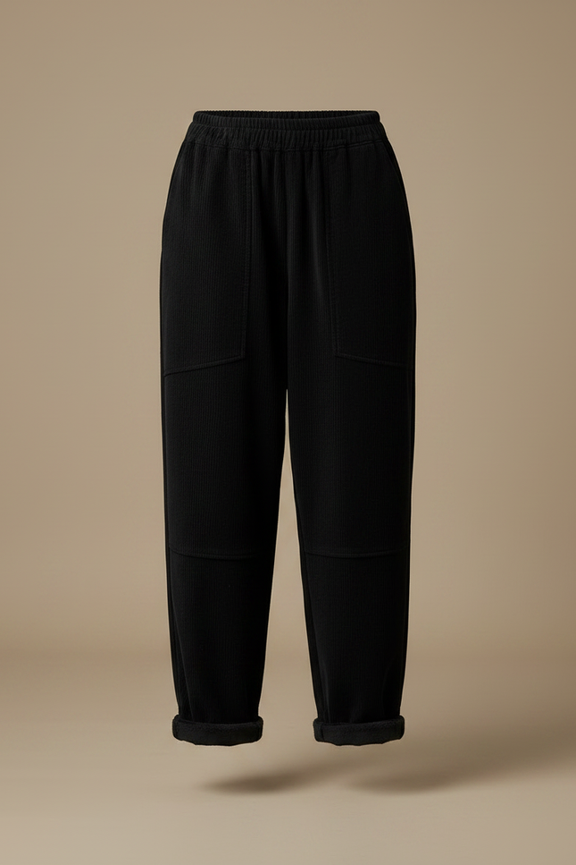 Pantalon Velours Côtelé Ample Noir Taille Élastique - Cordé - vue 3