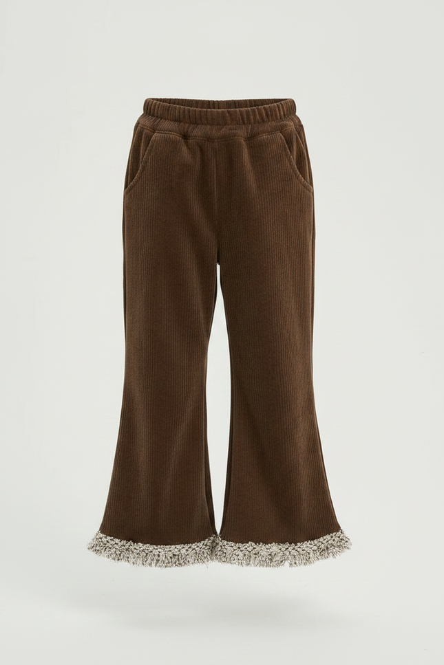 Pantalon Velours Marron Côtelé Évasé Franges Fille - Cordé - vue 3