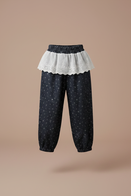 Pantalon Velours Noir Ample Imprimé Floral Fille Hiver - vue 3