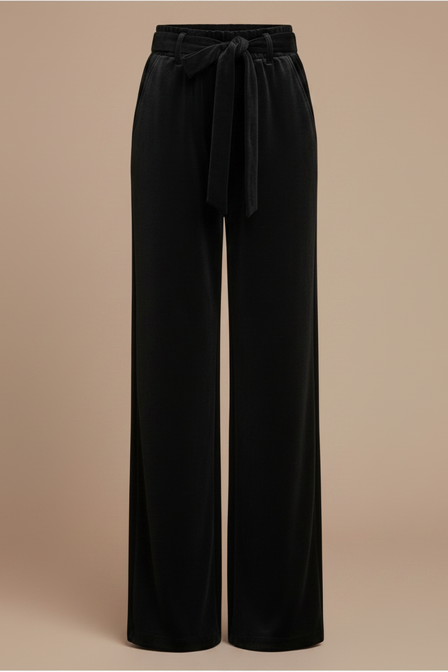 Pantalon Velours Noir Ample Ceinturé Élégant Femme - vue 3