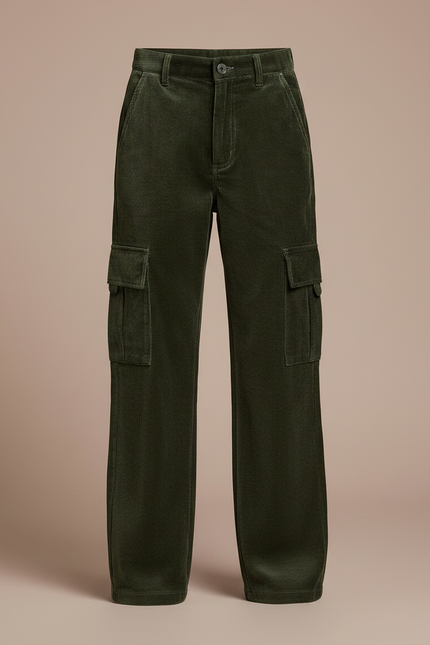 Pantalon Velours Vert Côtelé Ample Cargo Garçon - Cordé - vue 3