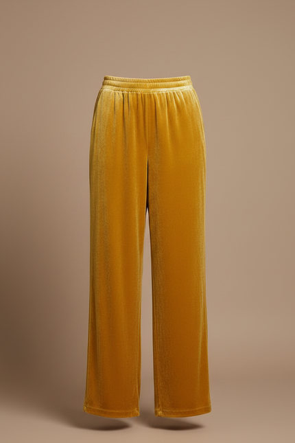 Pantalon Velours Jaune Ample Fluide Taille Haute - Doré - vue 3