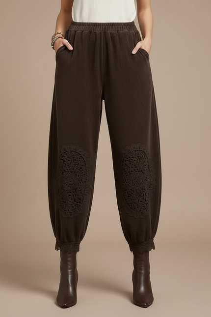 Pantalon Velours Marron Côtelé Ample Brodé Femme - Cordé - vue 3