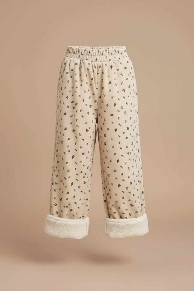 Pantalon Velours Beige Côtelé Ample Imprimé Floral Doublé - vue 3
