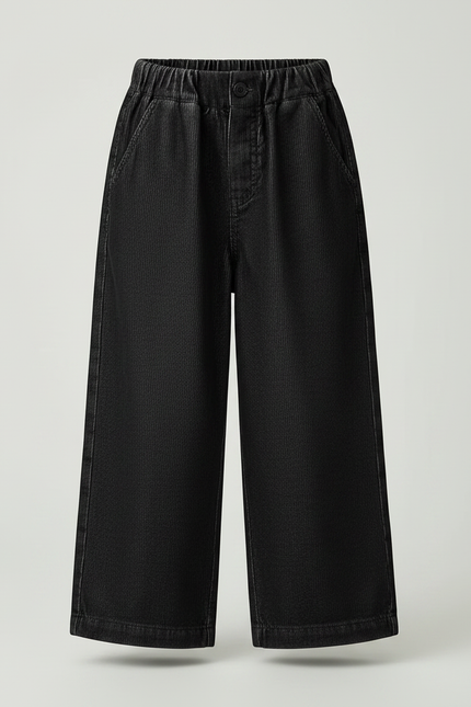 Pantalon Velours Fille Noir Large Côtelé Fin - Cordé - vue 3