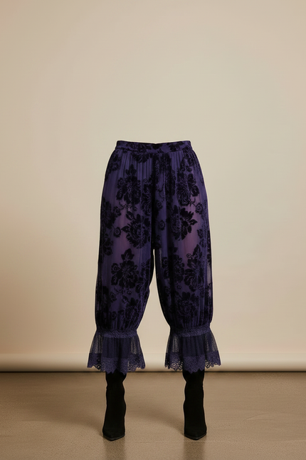 Pantalon Velours Violet Floral Dentelle Ample Élégant - vue 3