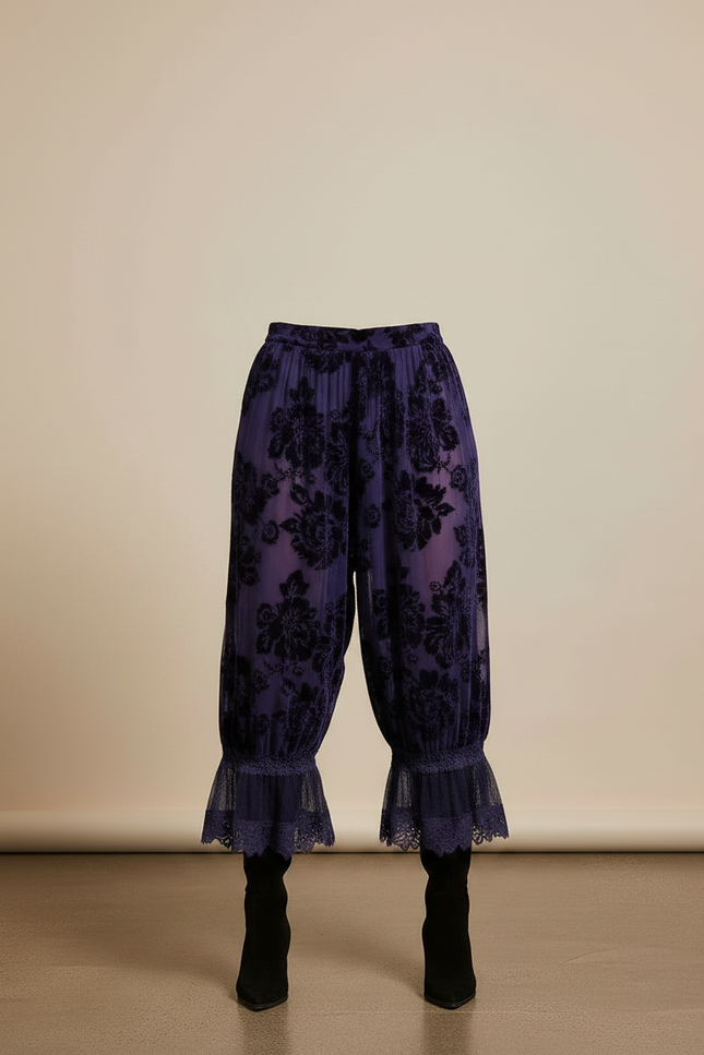 Pantalon Velours Violet Floral Dentelle Ample Élégant - vue 3