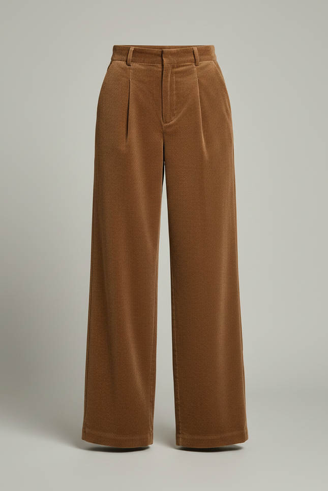 Pantalon Fluide Velours Cotelé Femme - Marron Cordé - vue 3
