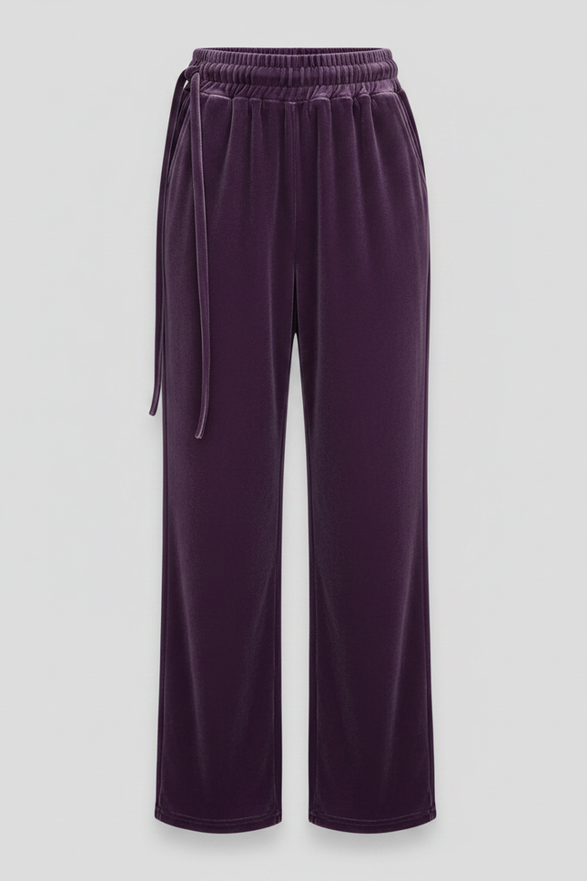 Pantalon Velours Violet Ample Taille Haute Décontracté