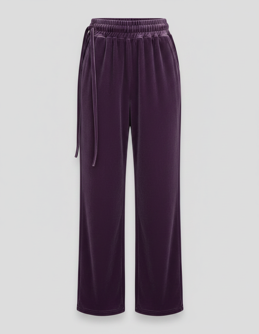 Pantalon Velours Violet Ample Taille Haute Décontracté